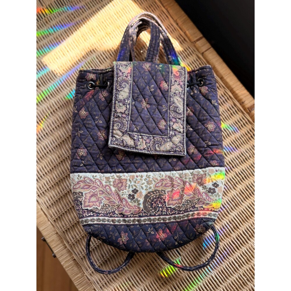 Vintage 90s Vera Bradley Purple Quilted Backpack Purse Floral Paisley 100 Cotton